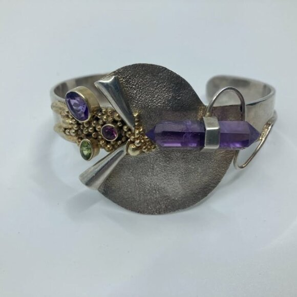 Vtg 1980s modernist sterling 925 amethyst peridot handcrafted cuff bracelet - Picture 1 of 3